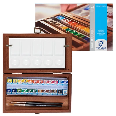 Set Culori acuarelă  Talens Van Gogh - 24 buc + accesorii, cutie din lemn