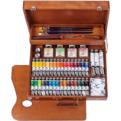 Talens Van Gogh Set pictură în ulei - 32x20 ml + 2x60 ml + accesorii, în cutie de lemn