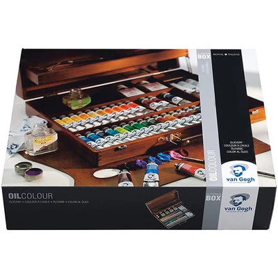 Talens Van Gogh Set pictură în ulei - 32x20 ml + 2x60 ml + accesorii, în cutie de lemn