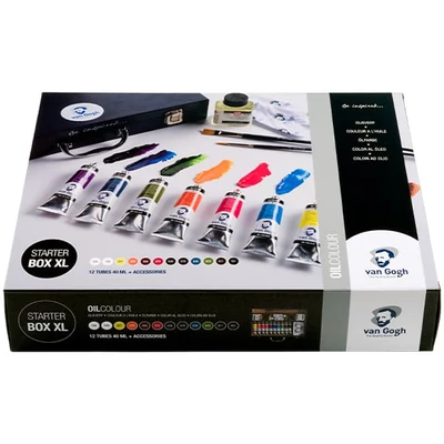 Talens Van Gogh Set pictură în ulei -  Starter Box XL: 12x40 ml + accesorii, în cutie de lemn
