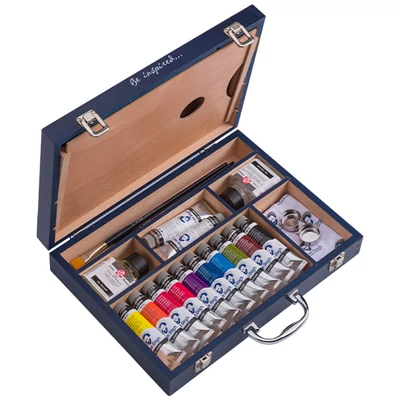 Talens Van Gogh Set pictură în ulei -  Starter Box XL: 12x40 ml + accesorii, în cutie de lemn