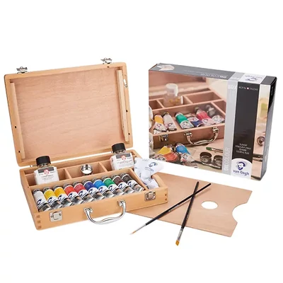 Set de vopsele în ulei Talens Van Gogh - 10x40 ml + accesorii, cutie din lemn