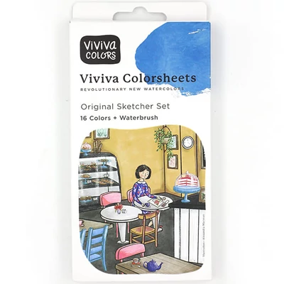 Set de palete de hârtie acuarelă Viviva Colorsheets - 16 culori + pensulă cu rezervor de apă, Original Sketcher Set