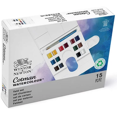 Set de culori acuarelă Winsor&amp;Newton Cotman, recipient 14x1/2 + pensulă - Field