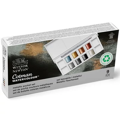 Set culori acuarelă Winsor&amp;Newton Cotman Pocket Set,  8x recipiente de 1/2 + pensulă - Metallic