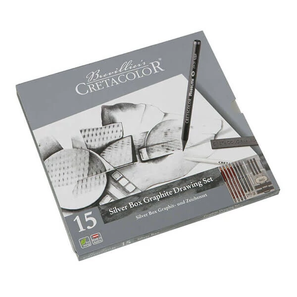 Set de desen din grafit Cretacolor Silver Box, 15 piese, cutie metalica