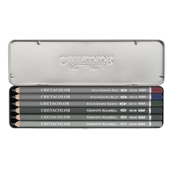 Cretacolor Watercolor Graphite Pocket Set Set creioane grafit solubile în apă , 6 bucăți, cutie metalică