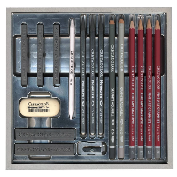 Set de desen grafit Cretacolor Silver Box, 17 buc, cutie din lemn