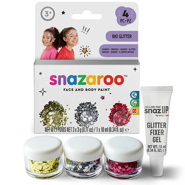 Snazaroo Bio Glitter Chunky Set paiete cu gel de fixare 