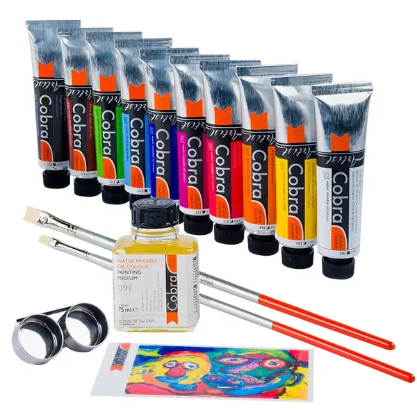 Set de vopsele pe bază de apă Talens Cobra, 10x40 ml + 1x75 ml + accesorii