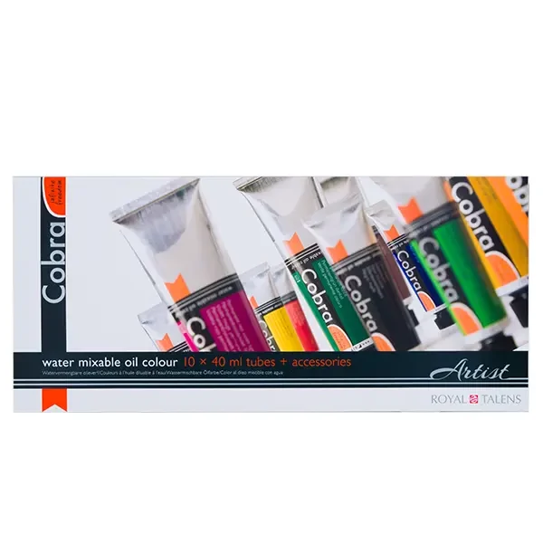 Set de vopsele pe bază de apă Talens Cobra, 10x40 ml + 1x75 ml + accesorii