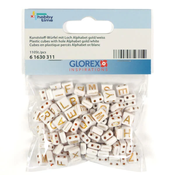 Mărgele litere din plastic, 7x8 mm - alb-aurie, două găuri