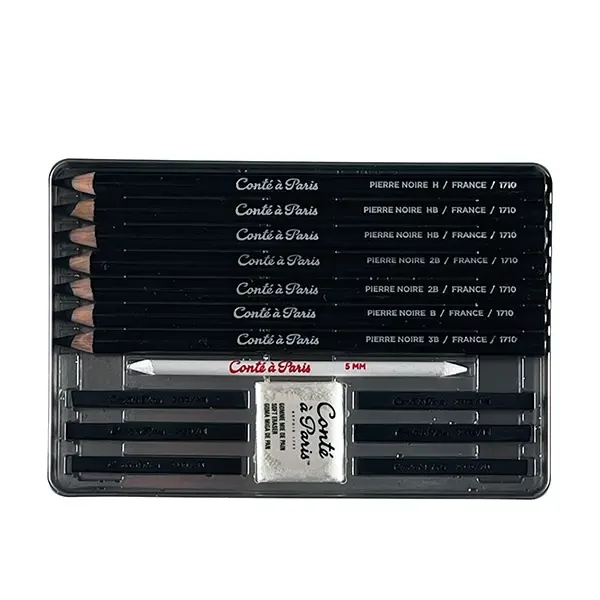 Set creioane și cărbune Conté pentru schițat - Pierre  Noire set, 15 piese, într-o cutie metalică