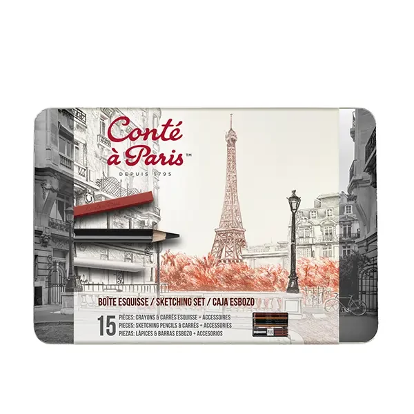 Set creioane și cărbune Conté pentru schițat - Sketching set, 15 piese, într-o cutie metalică