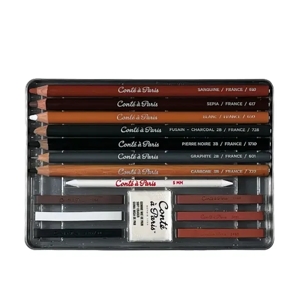 Set creioane și cărbune Conté pentru schițat - Sketching set, 15 piese, într-o cutie metalică