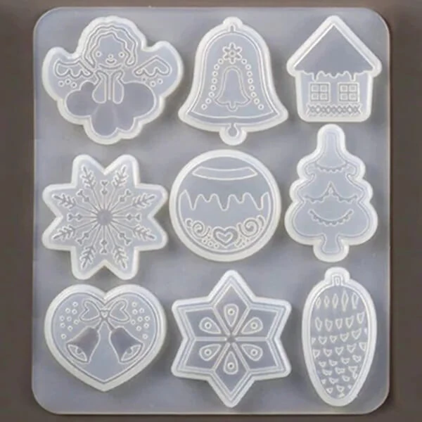 Matriță de turnare și presare din silicon pentru rășină sintetică, Fimo - decorațiuni plate de Crăciun, 9 tipuri
