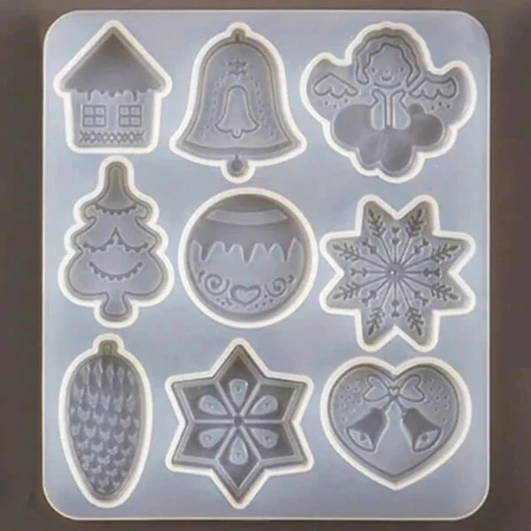 Matriță de turnare și presare din silicon pentru rășină sintetică, Fimo - decorațiuni plate de Crăciun, 9 tipuri