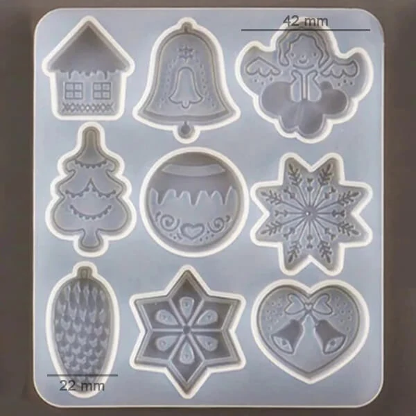 Matriță de turnare și presare din silicon pentru rășină sintetică, Fimo - decorațiuni plate de Crăciun, 9 tipuri