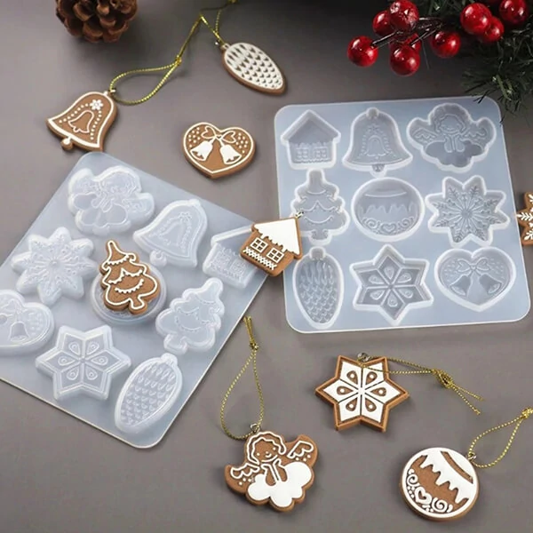 Matriță de turnare și presare din silicon pentru rășină sintetică, Fimo - decorațiuni plate de Crăciun, 9 tipuri