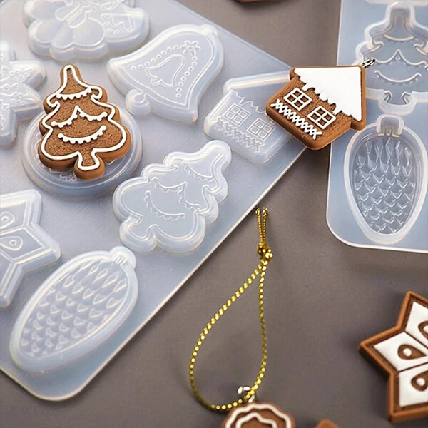 Matriță de turnare și presare din silicon pentru rășină sintetică, Fimo - decorațiuni plate de Crăciun, 9 tipuri