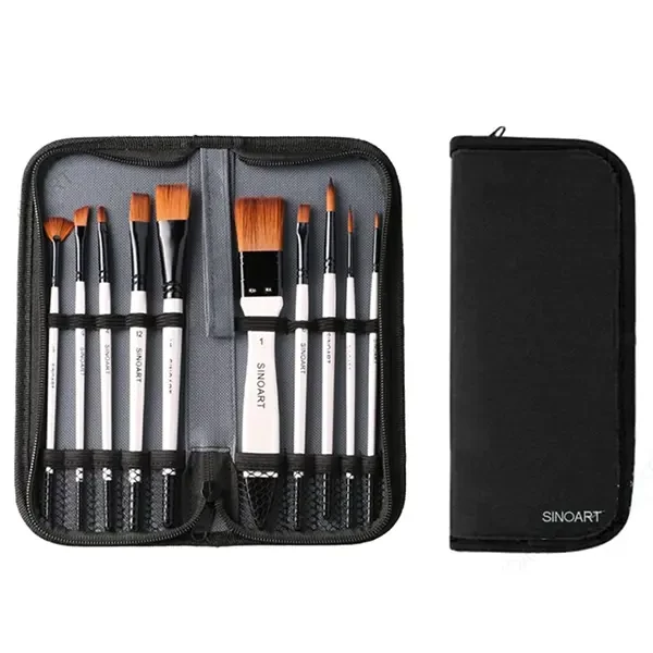 Set de pensule, sintetice - mixte, 10 buc, in suport cu fermoar