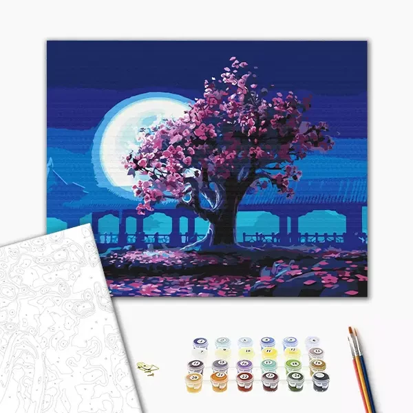 Pictură pe numere, pe pânză întinsă, 40x50 cm - Cireșii înfloriți în lumina lunii