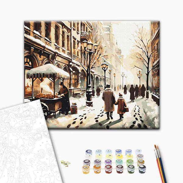 Set pictură pe numere, pe pânză întinsă, 40x50 cm - Oraș în timp de iarnă