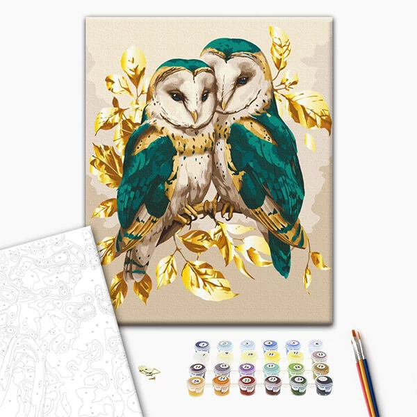 Set pictură pe numere, pe pânză întinsă, 40x50 cm - Bufnițe smarald în culori metalice