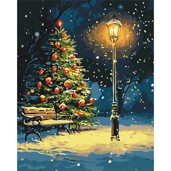 Pictură pe numere, pe pânză întinsă, 40x50 cm - Fulgi de zăpadă dansând în noapte