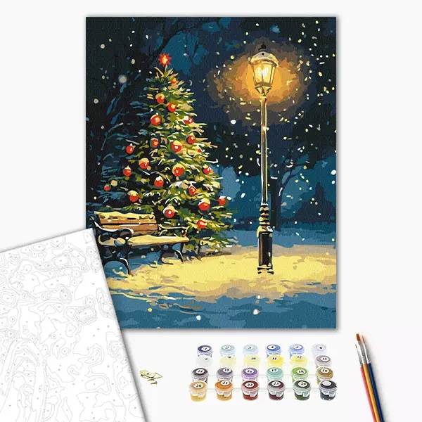 Pictură pe numere, pe pânză întinsă, 40x50 cm - Fulgi de zăpadă dansând în noapte