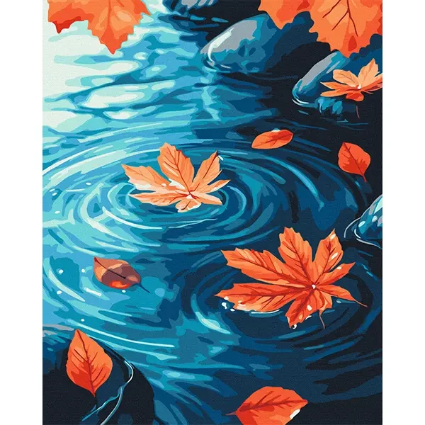 Pictură pe numere, pe pânză întinsă, 40x50 cm - Frunze aurii pe apă