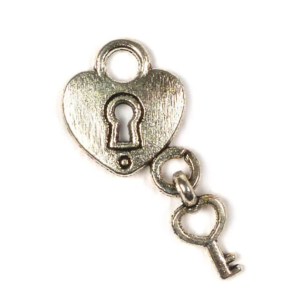 Charm, ornament metalic, 4 buc - lacat inima cu cheie, 3D
