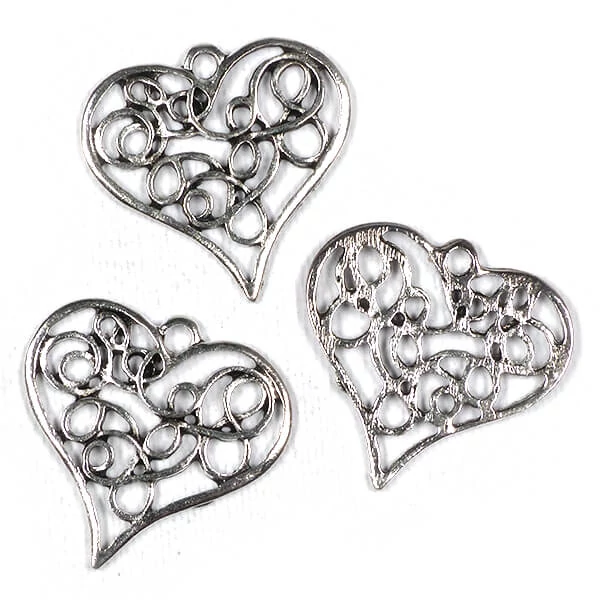 Charm, ornament metalic, 3 buc - inimă, crin