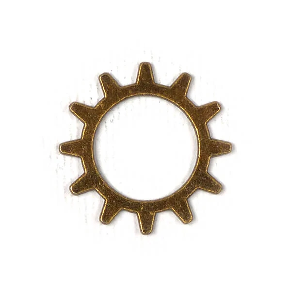 Charm, ornament metalic, 3 buc - roată, 12 dinți, ax mare, 3D, antic