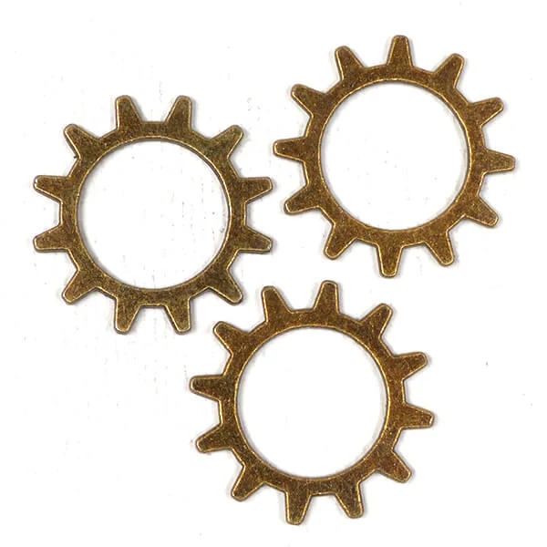 Charm, ornament metalic, 3 buc - roată, 12 dinți, ax mare, 3D, antic
