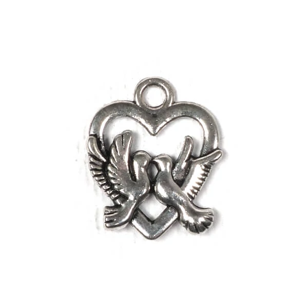 Charm, ornament metalic, 3 buc - inima cu o pereche de porumbei, 3D