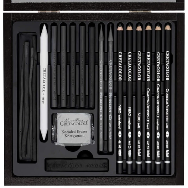 Set de desen cu cărbune Cretacolor Black Box - 20 buc, cutie din lemn