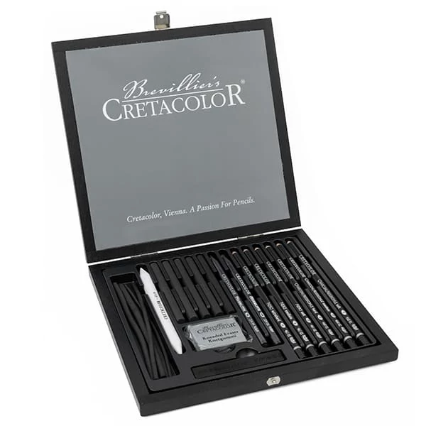 Set de desen cu cărbune Cretacolor Black Box - 20 buc, cutie din lemn