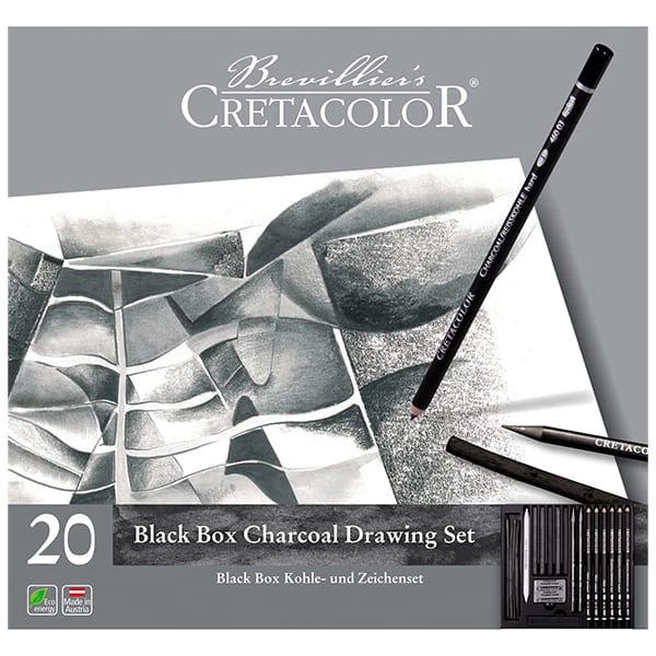 Set desen cărbune Cretacolor Black Box - 20 buc, cutie metalică