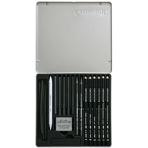 Set desen cărbune Cretacolor Black Box - 20 buc, cutie metalică