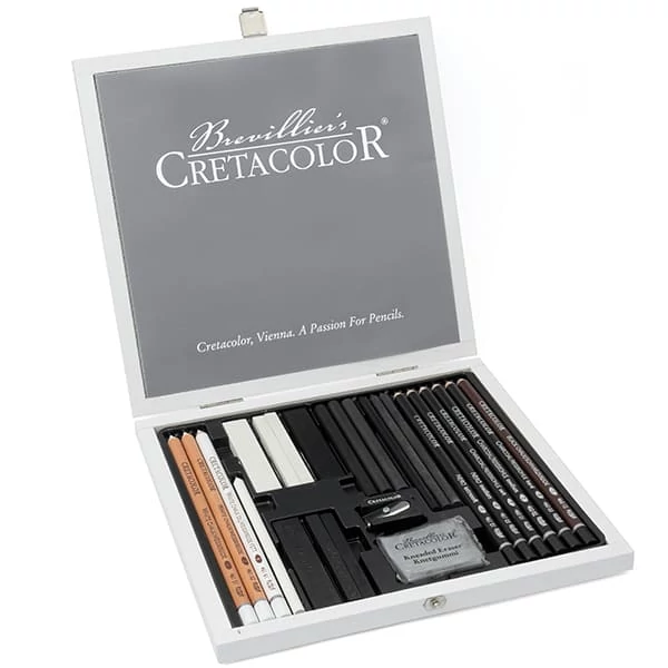 Set de desen Cretacolor Black & White, 25 buc, cutie din lemn