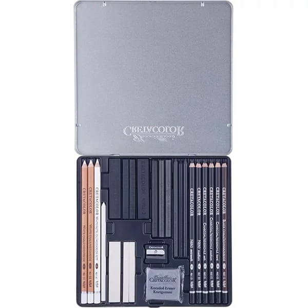 Set de desen Cretacolor Black & White, 25 buc, cutie metalica