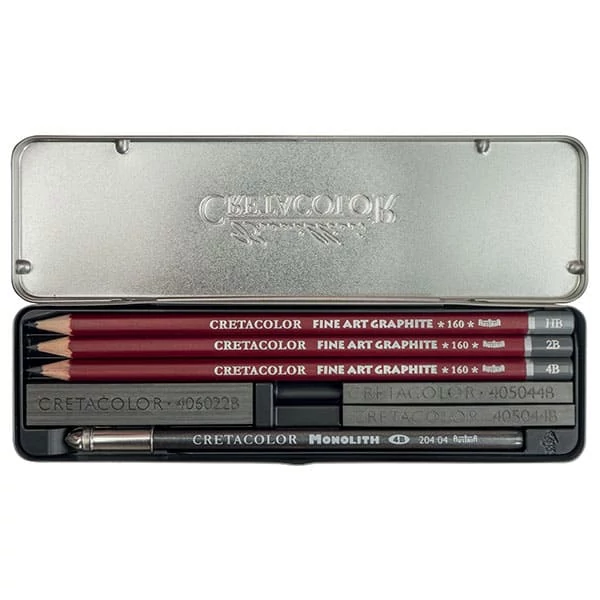 Set de buzunar Cretacolor Graphite Set de desen din grafit, 9 piese, cutie metalica