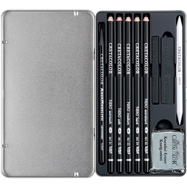 Cretacolor Nero Deep Black Drawing Set , 10 piese, cutie metalică