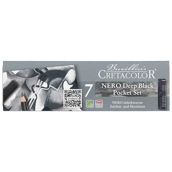 Set de desen Cretacolor Nero Deep Black Pocket Set, 7 piese, cutie metalica
