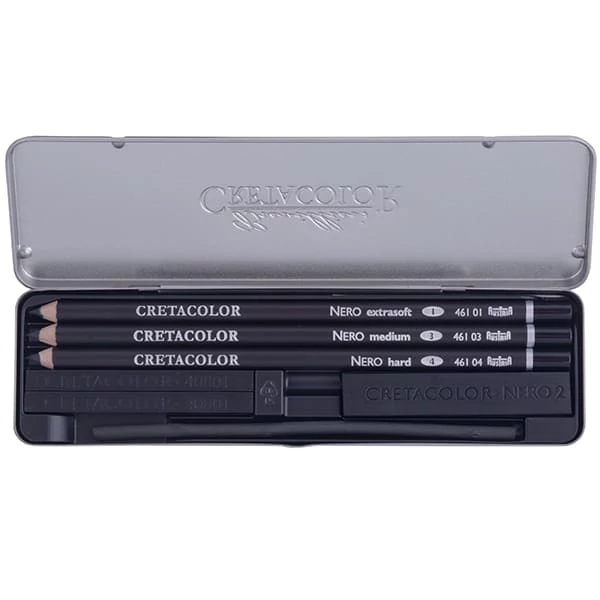 Set de desen Cretacolor Nero Deep Black Pocket Set, 7 piese, cutie metalica