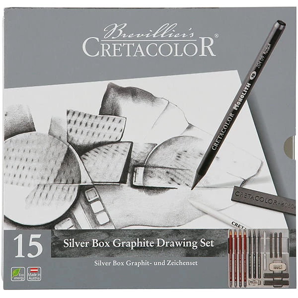 Set de desen din grafit Cretacolor Silver Box, 15 piese, cutie metalica