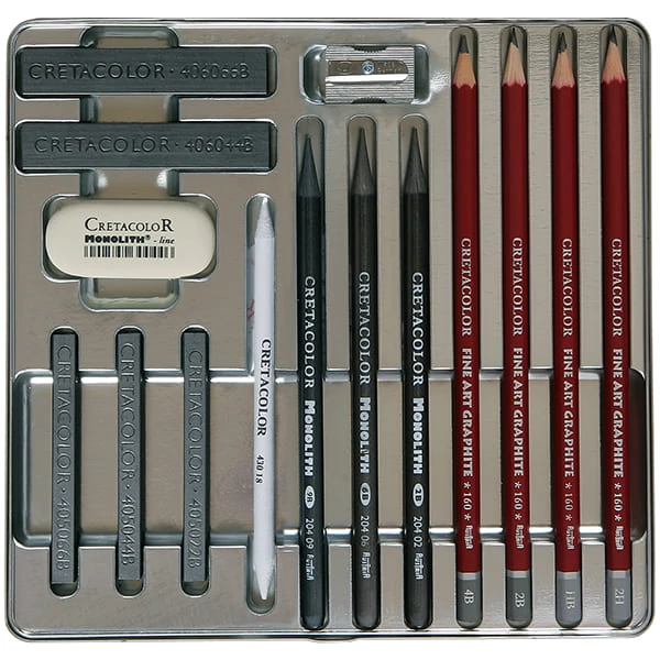 Set de desen din grafit Cretacolor Silver Box, 15 piese, cutie metalica