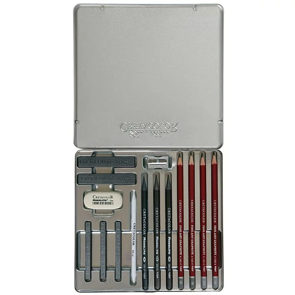 Set de desen din grafit Cretacolor Silver Box, 15 piese, cutie metalica