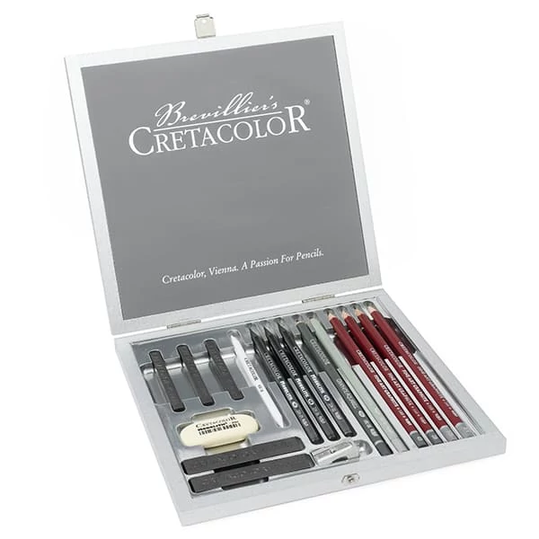 Set de desen grafit Cretacolor Silver Box, 17 buc, cutie din lemn
